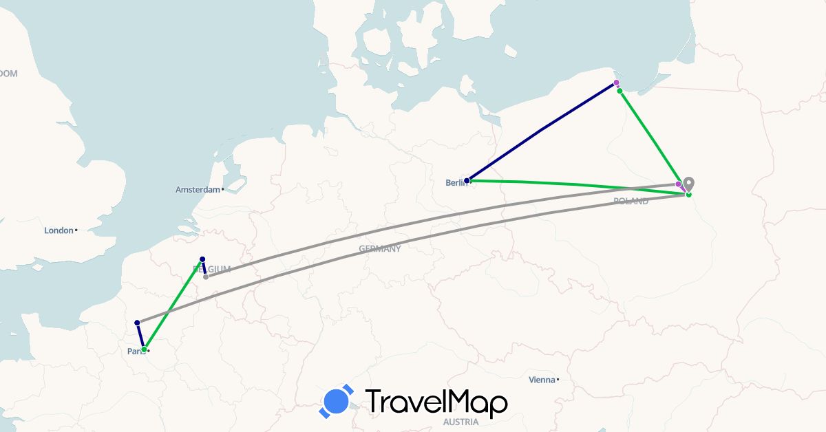 TravelMap itinerary: driving, bus, plane, train in Belgium, Germany, France, Poland (Europe)